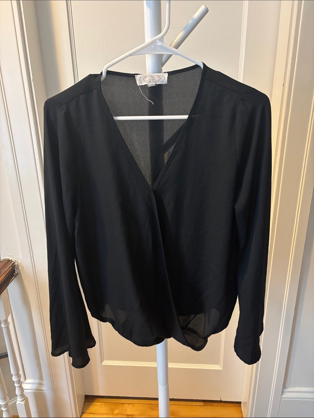 Pink Rose Black Sheer Wrap Blouse